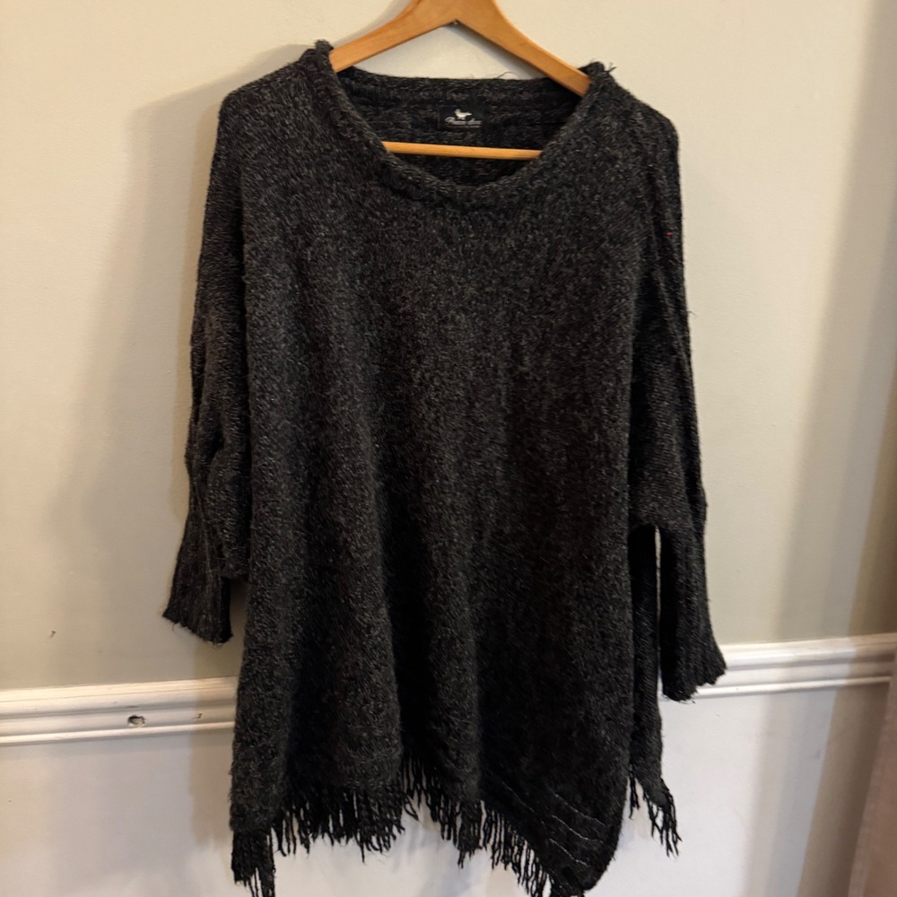 Peace Dove Women Gray Wool Blend Fringe Hem Oversized Dolman Knit Sweater